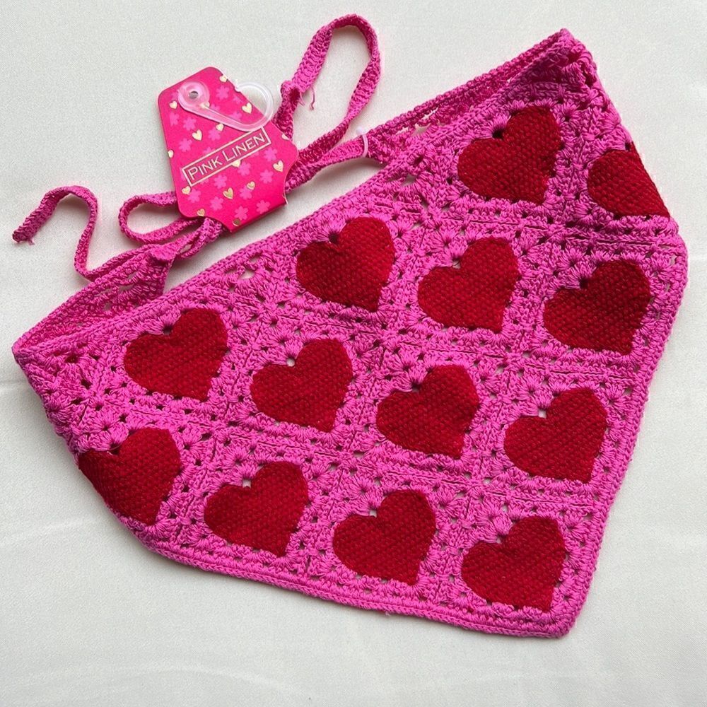 Crochet Heart Head Scarf in Red and Pink